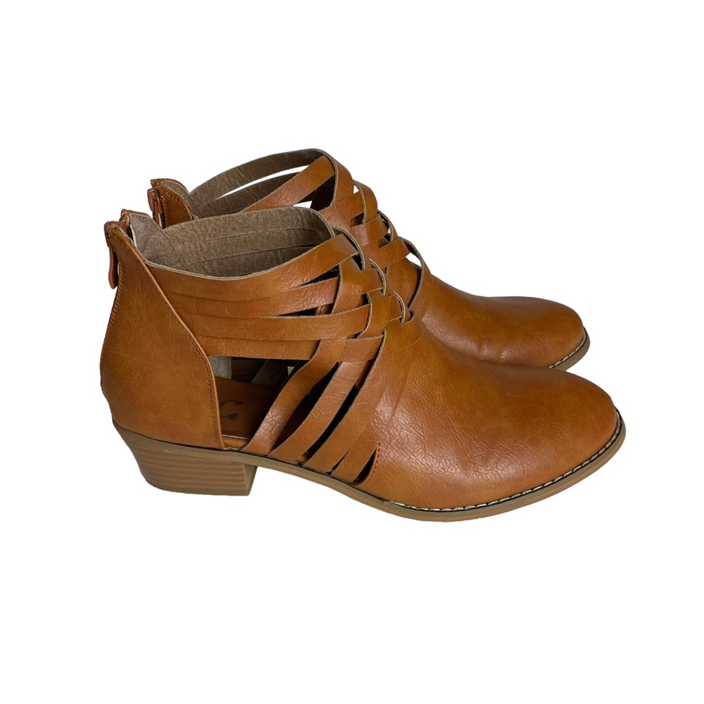 TC Thelma Camel Tan Faux Leather Strappy Back Zip Ankle Booties Women's Size 9